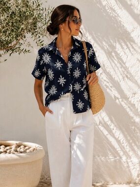 ZARA Navy Embroidered Cotton Top XS Floral Eyelet Boho Button Front